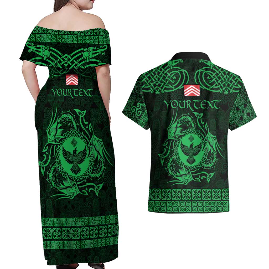 Personalized Glamorgan Morgannwg Couples Matching Off Shoulder Maxi Dress and Hawaiian Shirt Green Raven Celtic-inspired - Wonder Print Shop
