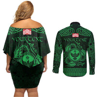 Personalized Glamorgan Morgannwg Couples Matching Off Shoulder Short Dress and Long Sleeve Button Shirt Green Raven Celtic-inspired - Wonder Print Shop