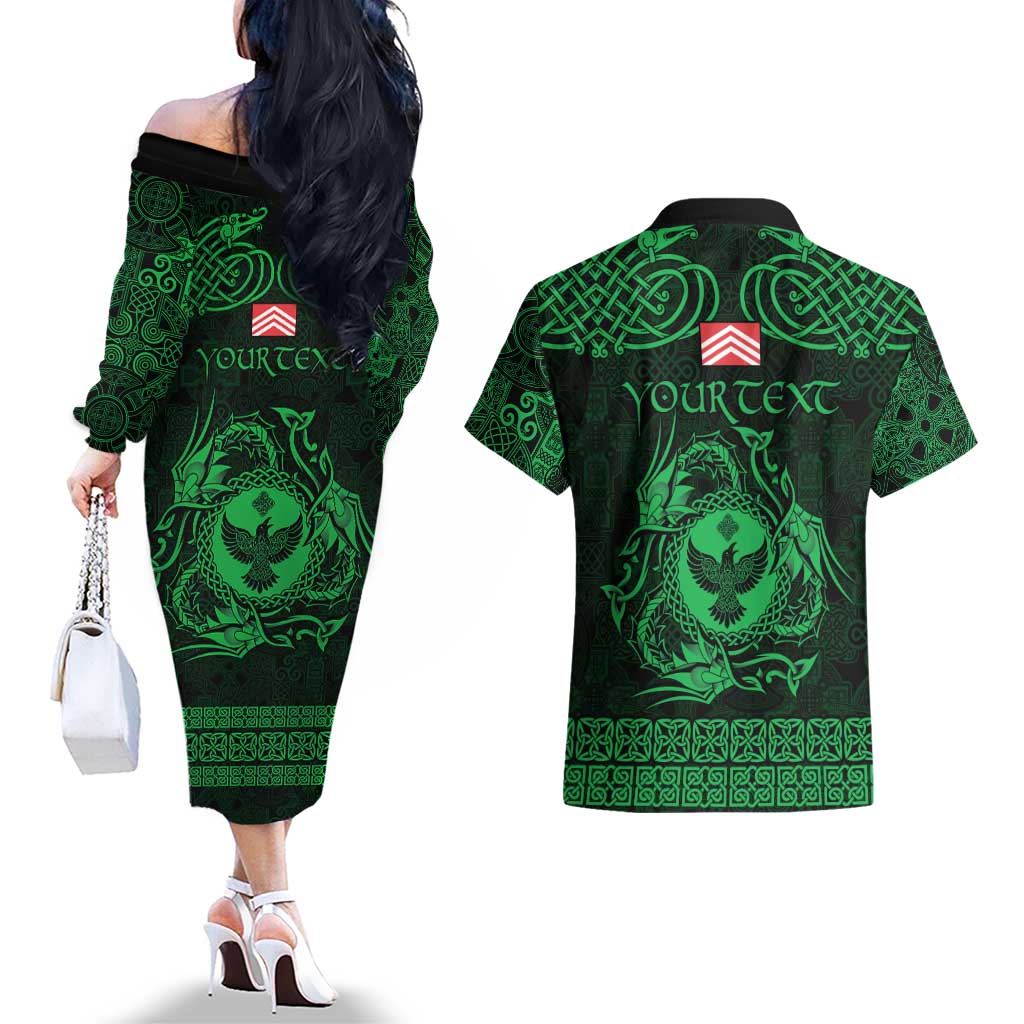 Personalized Glamorgan Morgannwg Couples Matching Off The Shoulder Long Sleeve Dress and Hawaiian Shirt Green Raven Celtic-inspired - Wonder Print Shop