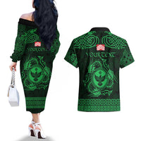Personalized Glamorgan Morgannwg Couples Matching Off The Shoulder Long Sleeve Dress and Hawaiian Shirt Green Raven Celtic-inspired - Wonder Print Shop