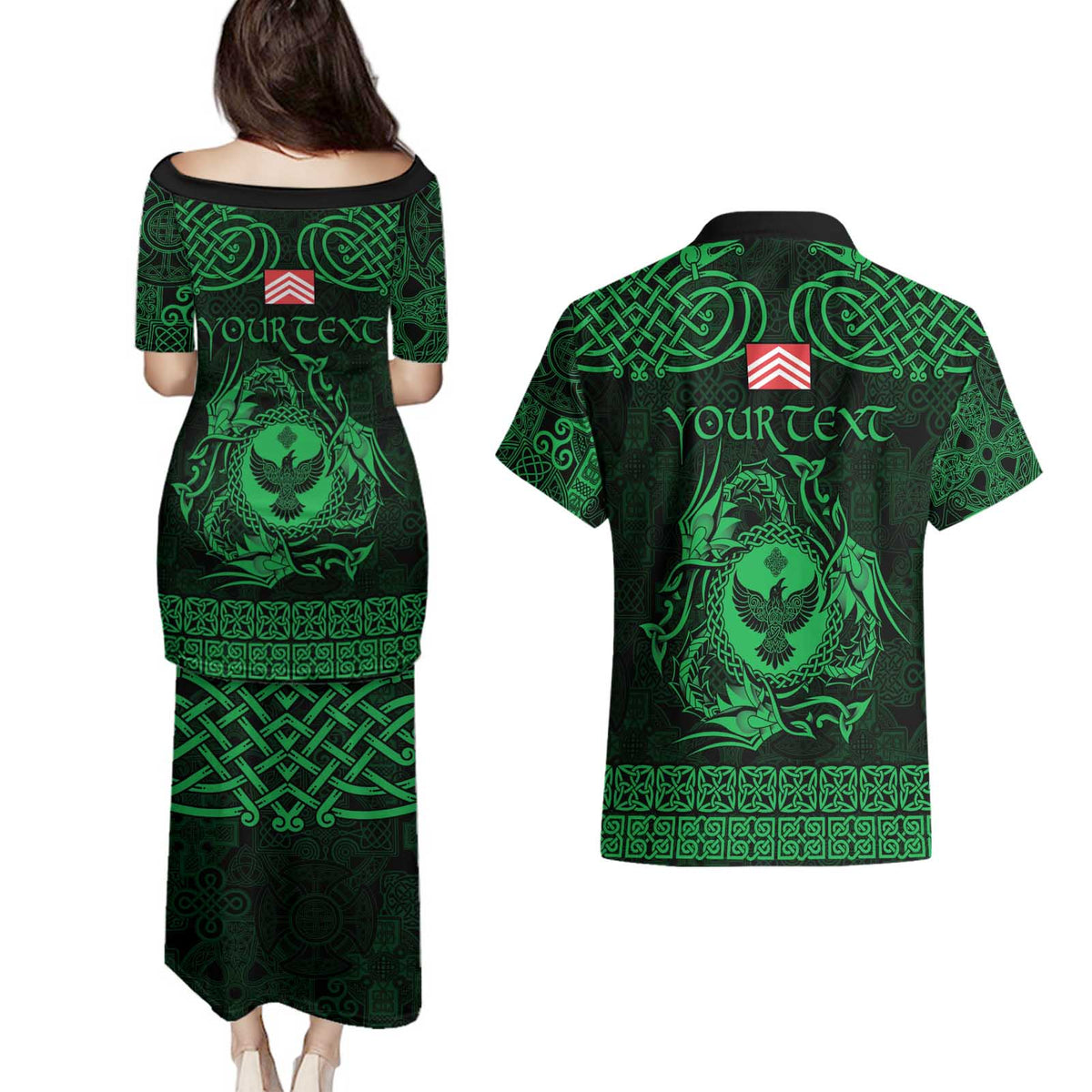 Personalized Glamorgan Morgannwg Couples Matching Puletasi and Hawaiian Shirt Green Raven Celtic-inspired - Wonder Print Shop