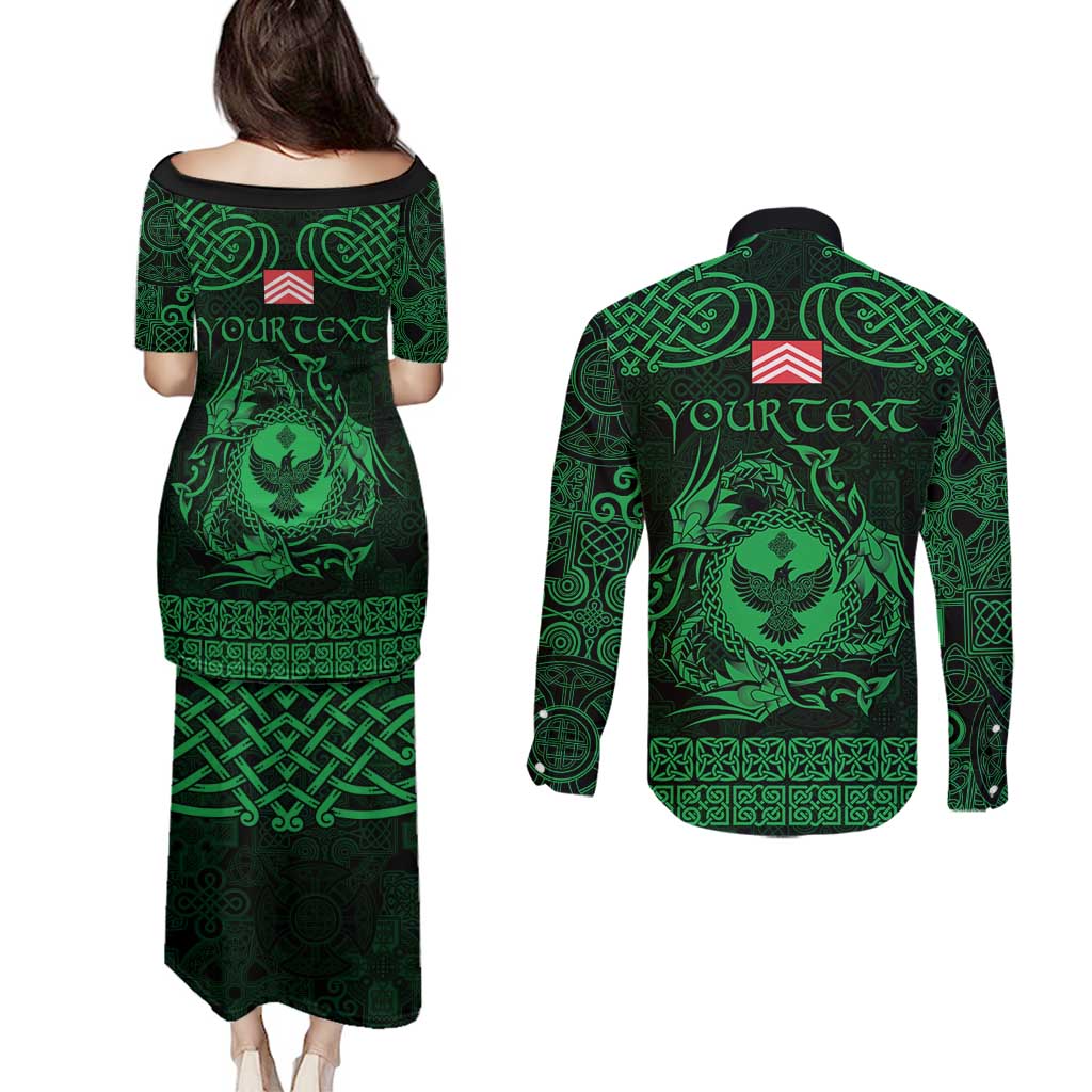 Personalized Glamorgan Morgannwg Couples Matching Puletasi and Long Sleeve Button Shirt Green Raven Celtic-inspired - Wonder Print Shop
