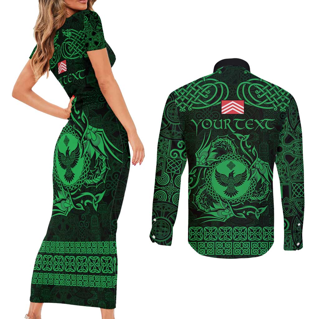 Personalized Glamorgan Morgannwg Couples Matching Short Sleeve Bodycon Dress and Long Sleeve Button Shirt Green Raven Celtic-inspired - Wonder Print Shop
