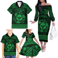 Personalized Glamorgan Morgannwg Family Matching Off The Shoulder Long Sleeve Dress and Hawaiian Shirt Green Raven Celtic-inspired - Wonder Print Shop