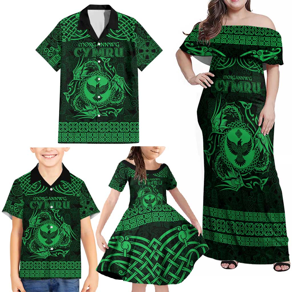 Personalized Glamorgan Morgannwg Family Matching Off Shoulder Maxi Dress and Hawaiian Shirt Green Raven Celtic-inspired - Wonder Print Shop