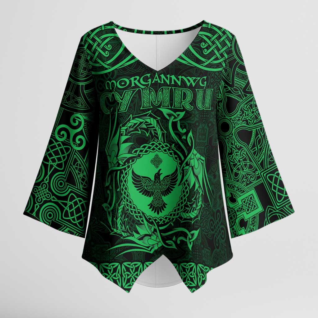 Personalized Glamorgan Morgannwg Kimono Sleeve Blouse Green Raven Celtic-inspired - Wonder Print Shop