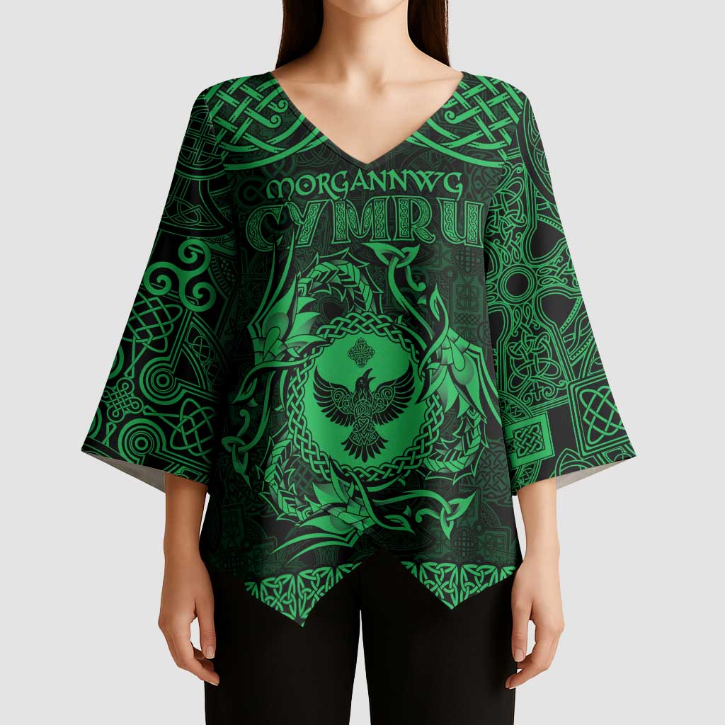 Personalized Glamorgan Morgannwg Kimono Sleeve Blouse Green Raven Celtic-inspired - Wonder Print Shop