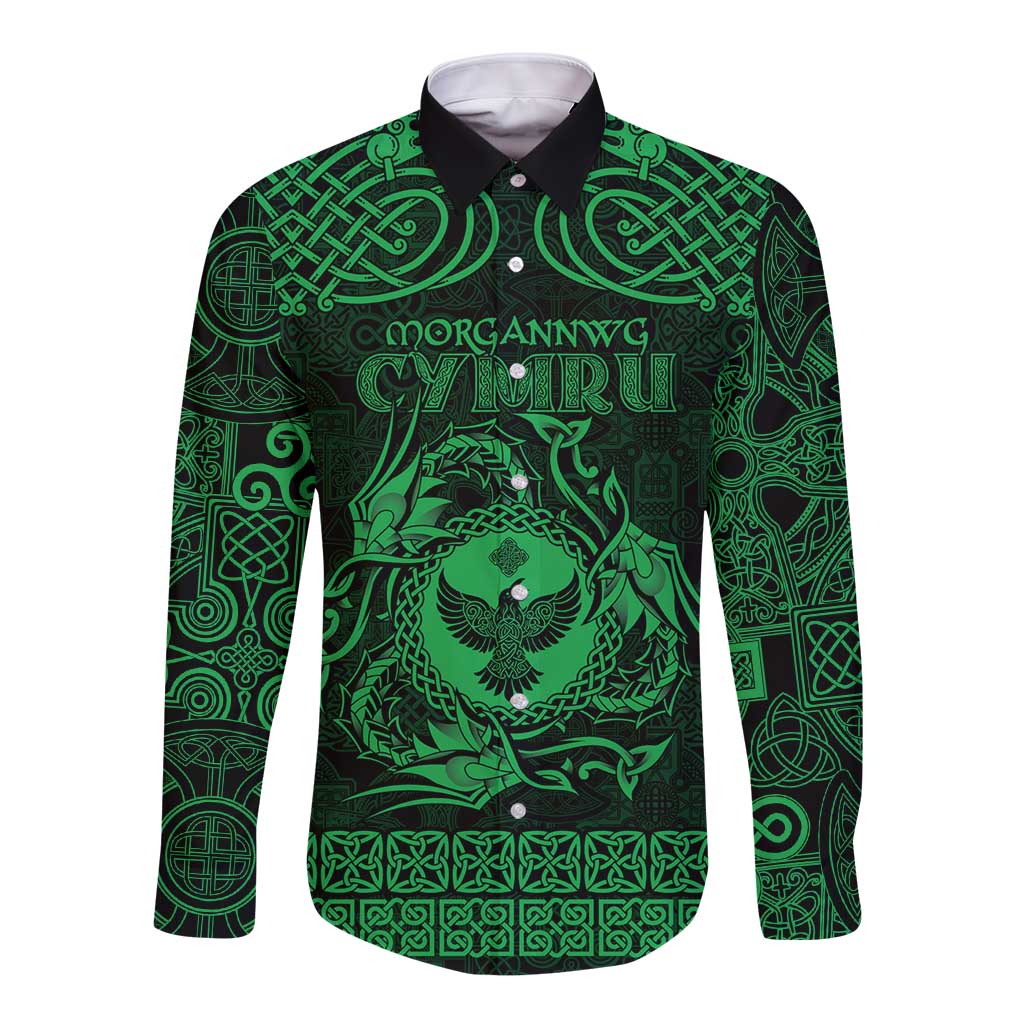 Personalized Glamorgan Morgannwg Long Sleeve Button Shirt Green Raven Celtic-inspired - Wonder Print Shop