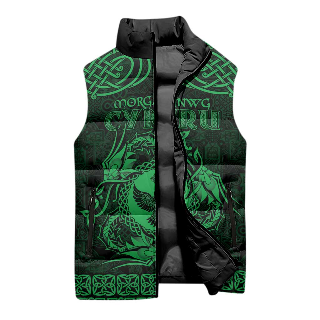 Personalized Glamorgan Morgannwg Sleeveless Puffer Jacket Green Raven Celtic-inspired - Wonder Print Shop
