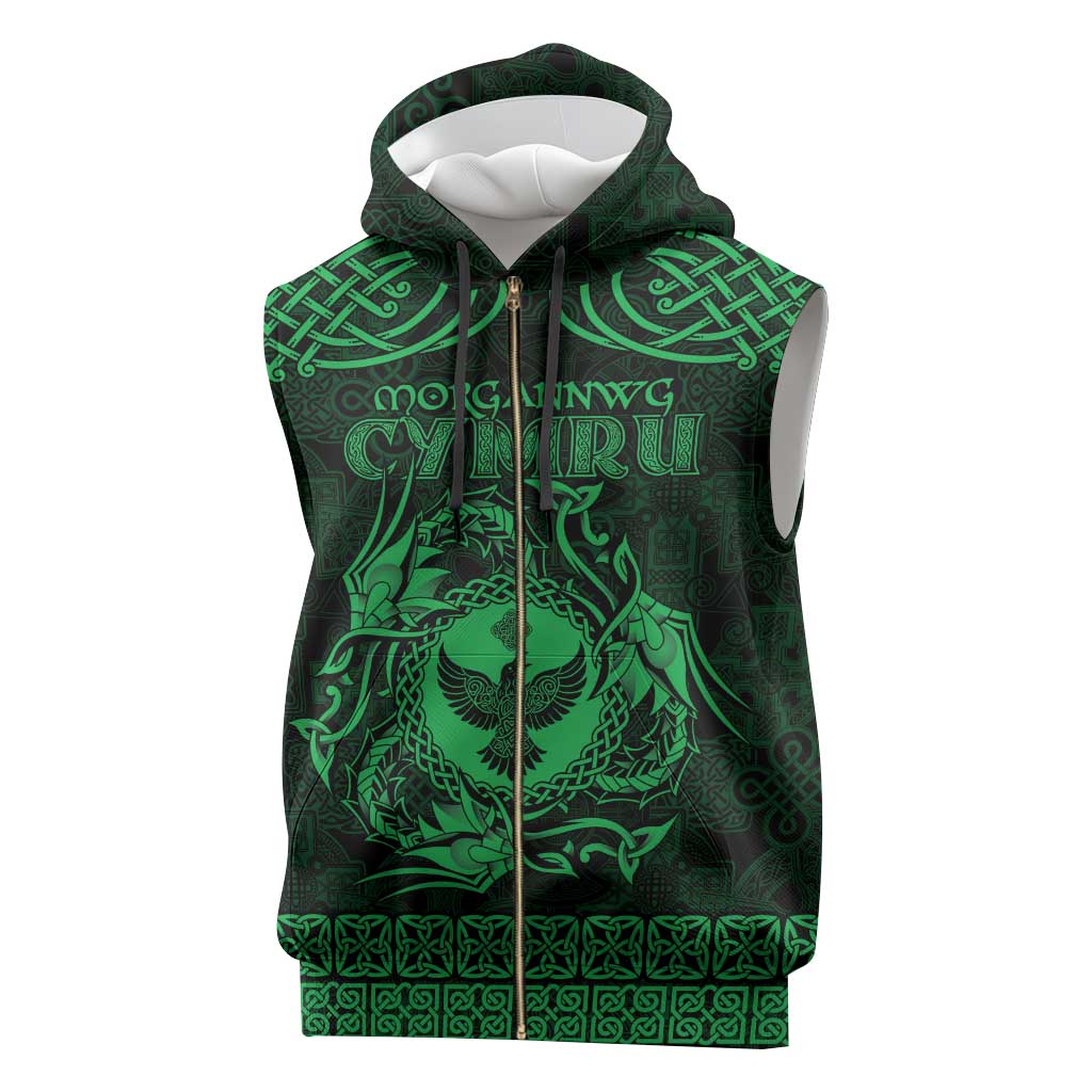 Personalized Glamorgan Morgannwg Sleeveless Zip Hoodie Green Raven Celtic-inspired - Wonder Print Shop