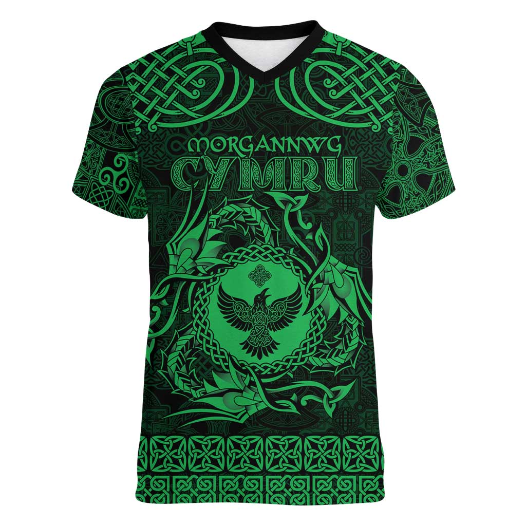 Personalized Glamorgan Morgannwg Women V-Neck T-Shirt Green Raven Celtic-inspired - Wonder Print Shop