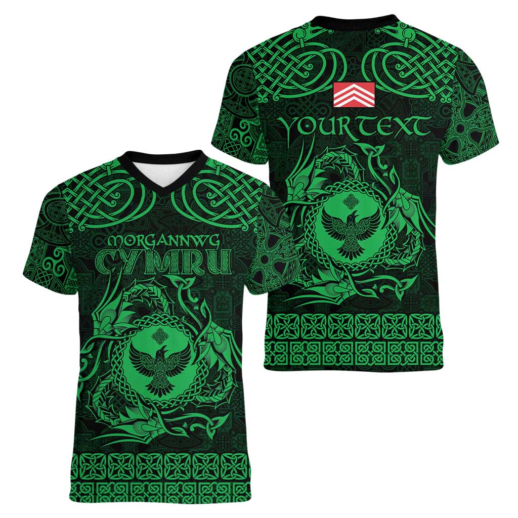 Personalized Glamorgan Morgannwg Women V-Neck T-Shirt Green Raven Celtic-inspired - Wonder Print Shop