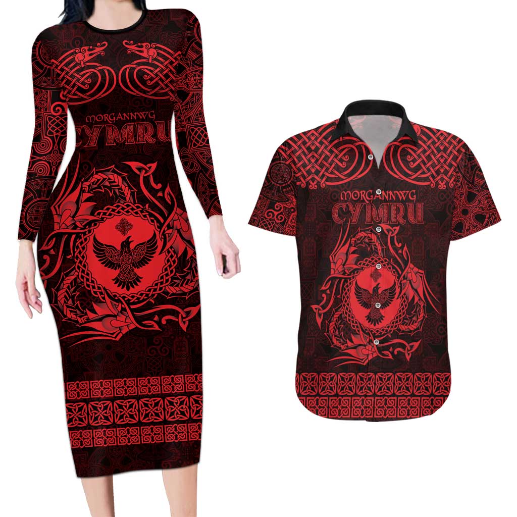 Personalized Glamorgan Morgannwg Couples Matching Long Sleeve Bodycon Dress and Hawaiian Shirt Red Raven Celtic-inspired - Wonder Print Shop