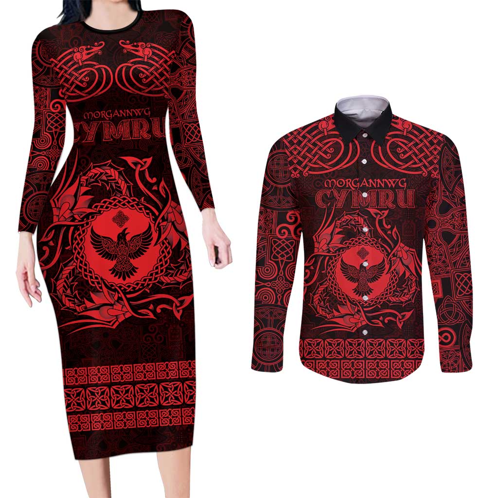 Personalized Glamorgan Morgannwg Couples Matching Long Sleeve Bodycon Dress and Long Sleeve Button Shirt Red Raven Celtic-inspired - Wonder Print Shop
