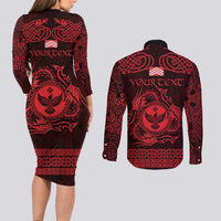 Personalized Glamorgan Morgannwg Couples Matching Long Sleeve Bodycon Dress and Long Sleeve Button Shirt Red Raven Celtic-inspired - Wonder Print Shop
