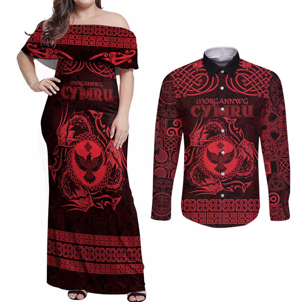 Personalized Glamorgan Morgannwg Couples Matching Off Shoulder Maxi Dress and Long Sleeve Button Shirt Red Raven Celtic-inspired - Wonder Print Shop