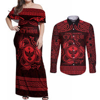 Personalized Glamorgan Morgannwg Couples Matching Off Shoulder Maxi Dress and Long Sleeve Button Shirt Red Raven Celtic-inspired - Wonder Print Shop