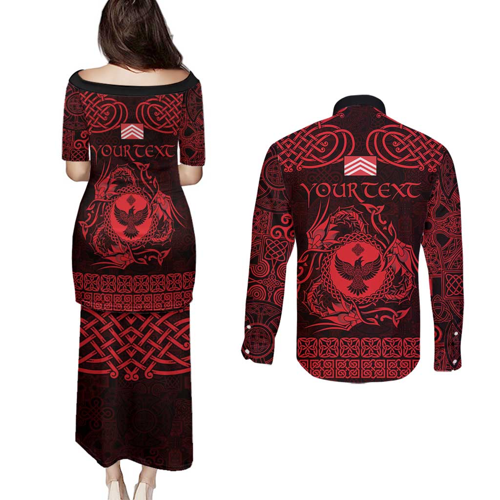 Personalized Glamorgan Morgannwg Couples Matching Puletasi and Long Sleeve Button Shirt Red Raven Celtic-inspired - Wonder Print Shop
