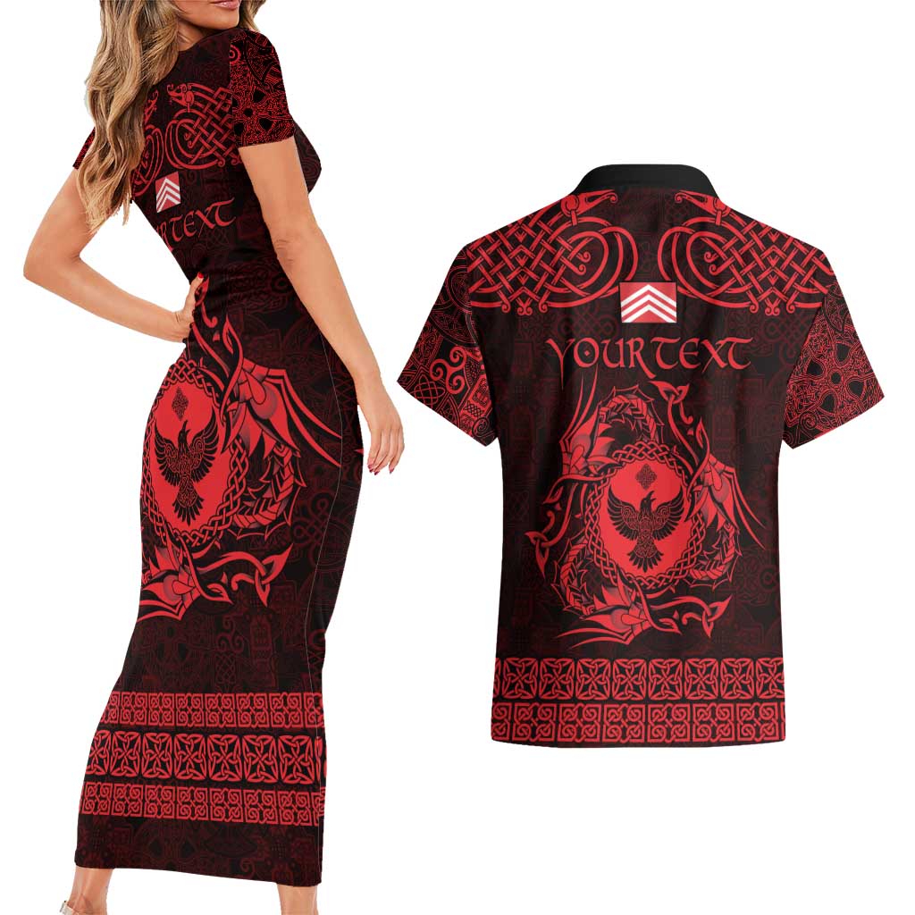 Personalized Glamorgan Morgannwg Couples Matching Short Sleeve Bodycon Dress and Hawaiian Shirt Red Raven Celtic-inspired - Wonder Print Shop