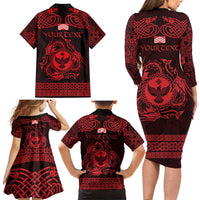 Personalized Glamorgan Morgannwg Family Matching Long Sleeve Bodycon Dress and Hawaiian Shirt Red Raven Celtic-inspired - Wonder Print Shop