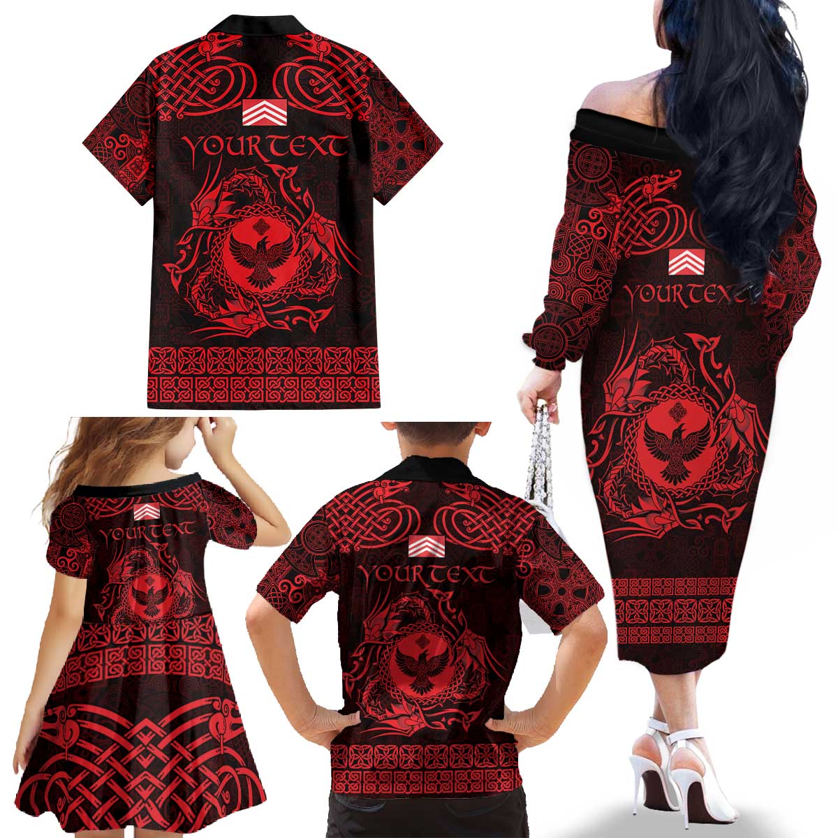 Personalized Glamorgan Morgannwg Family Matching Off The Shoulder Long Sleeve Dress and Hawaiian Shirt Red Raven Celtic-inspired - Wonder Print Shop