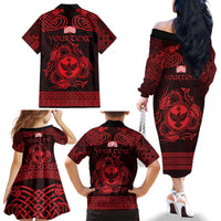 Personalized Glamorgan Morgannwg Family Matching Off The Shoulder Long Sleeve Dress and Hawaiian Shirt Red Raven Celtic-inspired - Wonder Print Shop