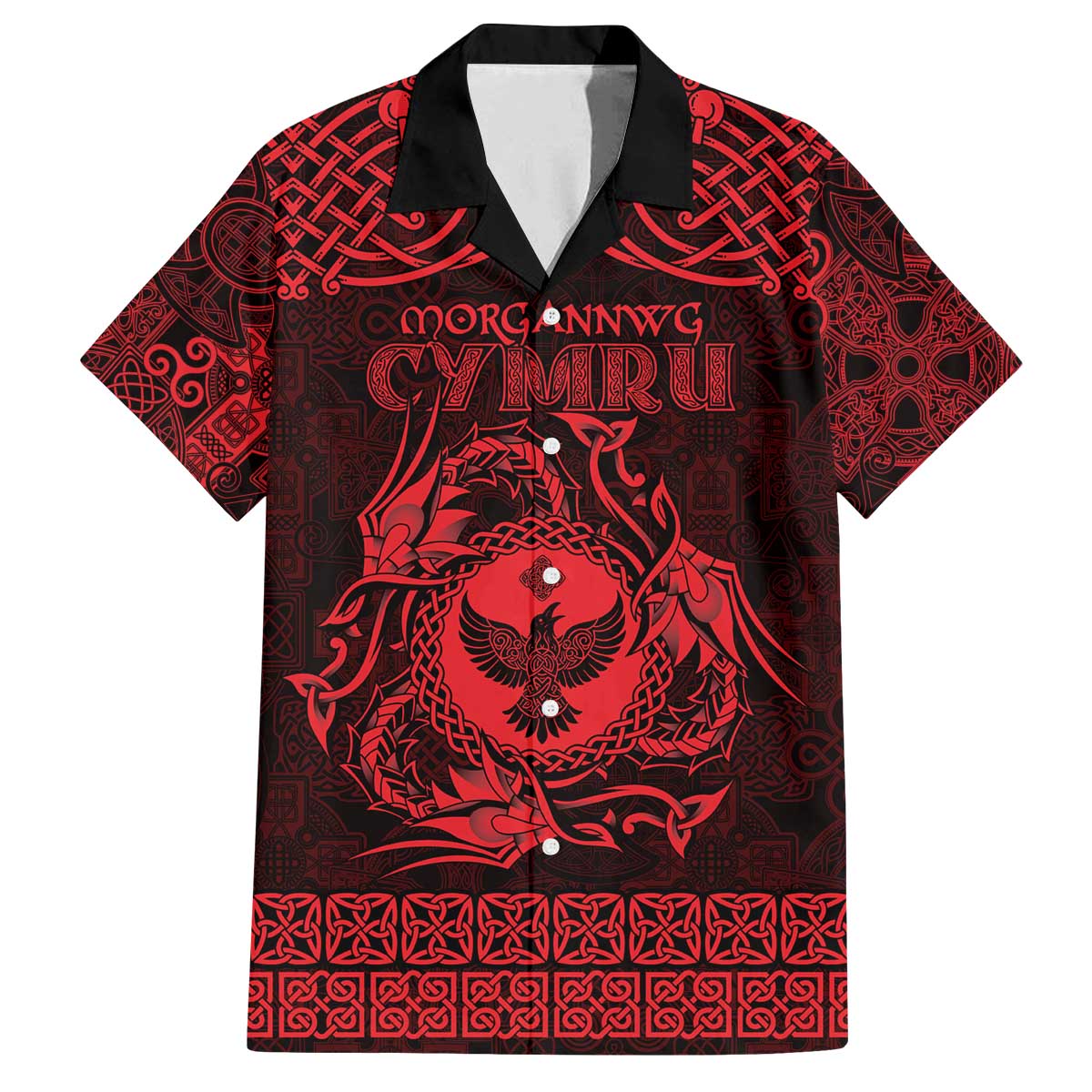 Personalized Glamorgan Morgannwg Family Matching Off The Shoulder Long Sleeve Dress and Hawaiian Shirt Red Raven Celtic-inspired - Wonder Print Shop