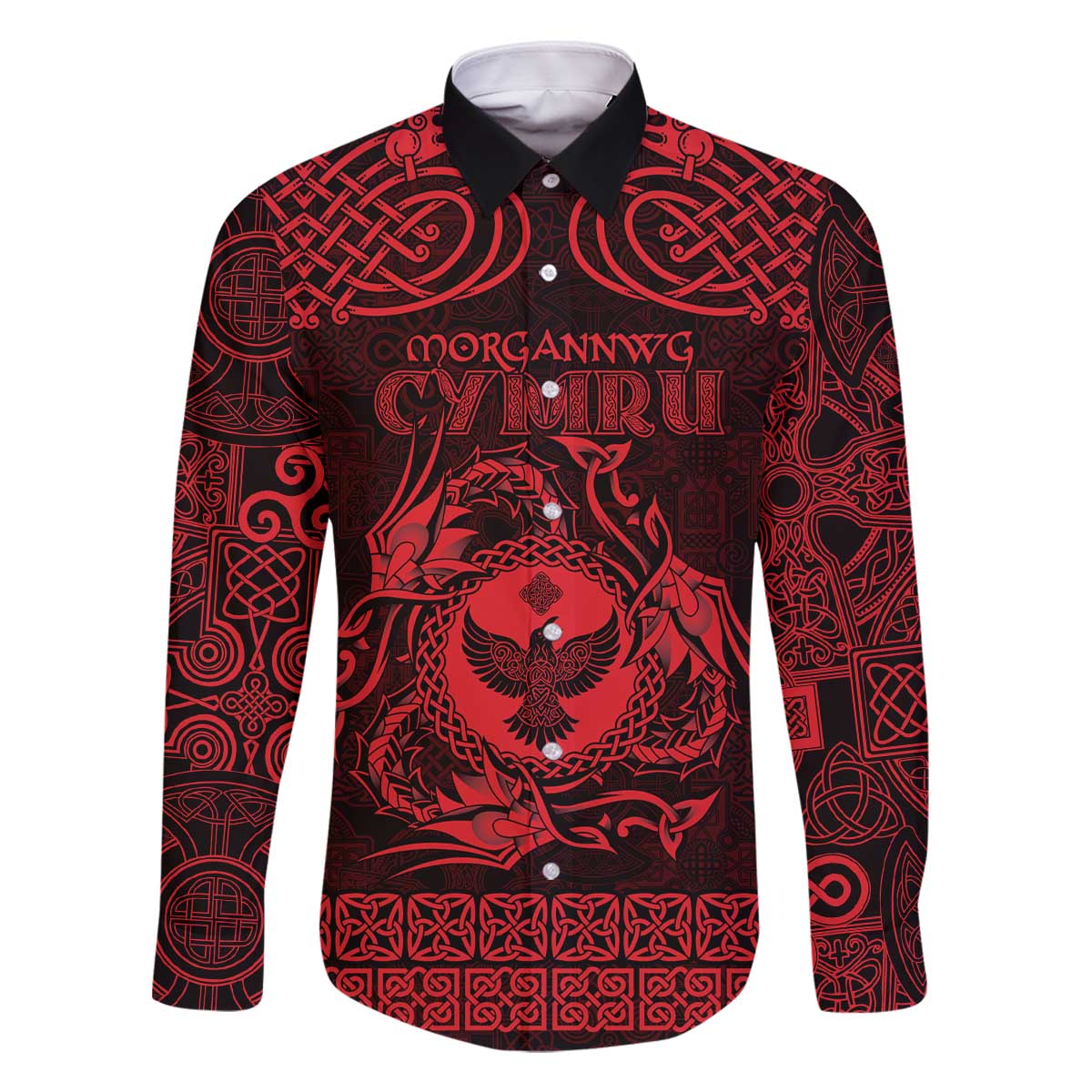 Personalized Glamorgan Morgannwg Family Matching Off The Shoulder Long Sleeve Dress and Hawaiian Shirt Red Raven Celtic-inspired - Wonder Print Shop