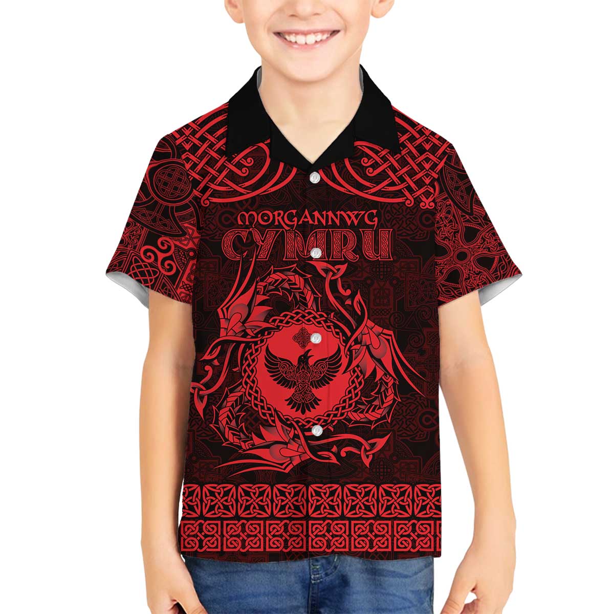 Personalized Glamorgan Morgannwg Family Matching Off The Shoulder Long Sleeve Dress and Hawaiian Shirt Red Raven Celtic-inspired - Wonder Print Shop