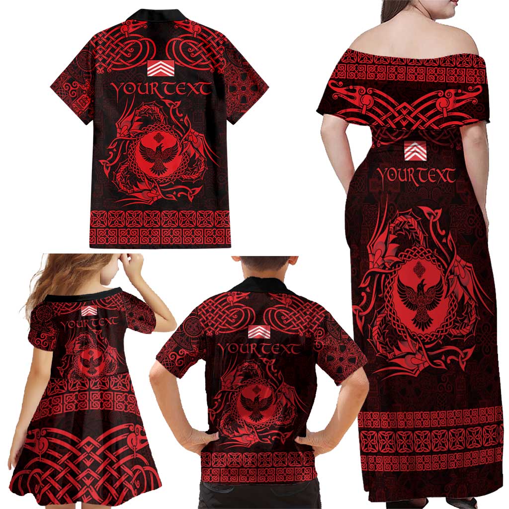 Personalized Glamorgan Morgannwg Family Matching Off Shoulder Maxi Dress and Hawaiian Shirt Red Raven Celtic-inspired - Wonder Print Shop