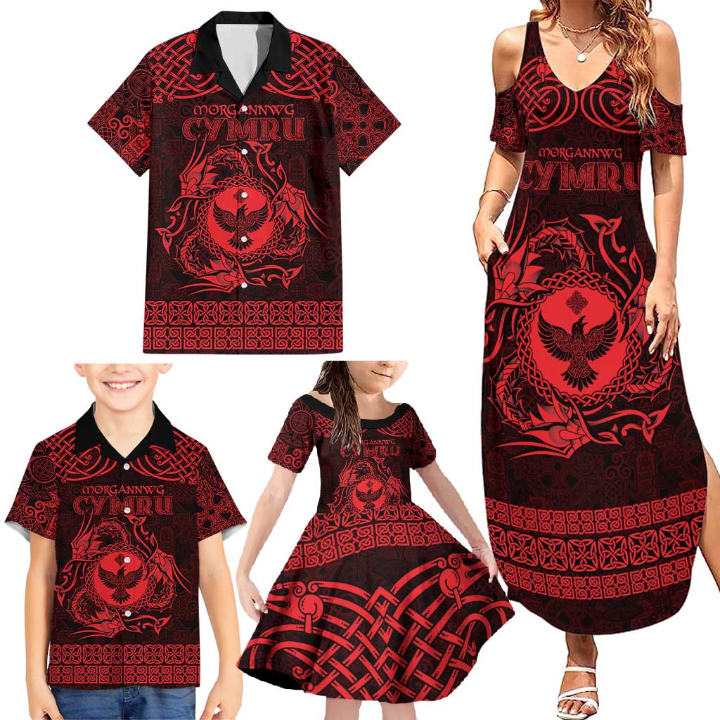 Personalized Glamorgan Morgannwg Family Matching Summer Maxi Dress and Hawaiian Shirt Red Raven Celtic-inspired - Wonder Print Shop