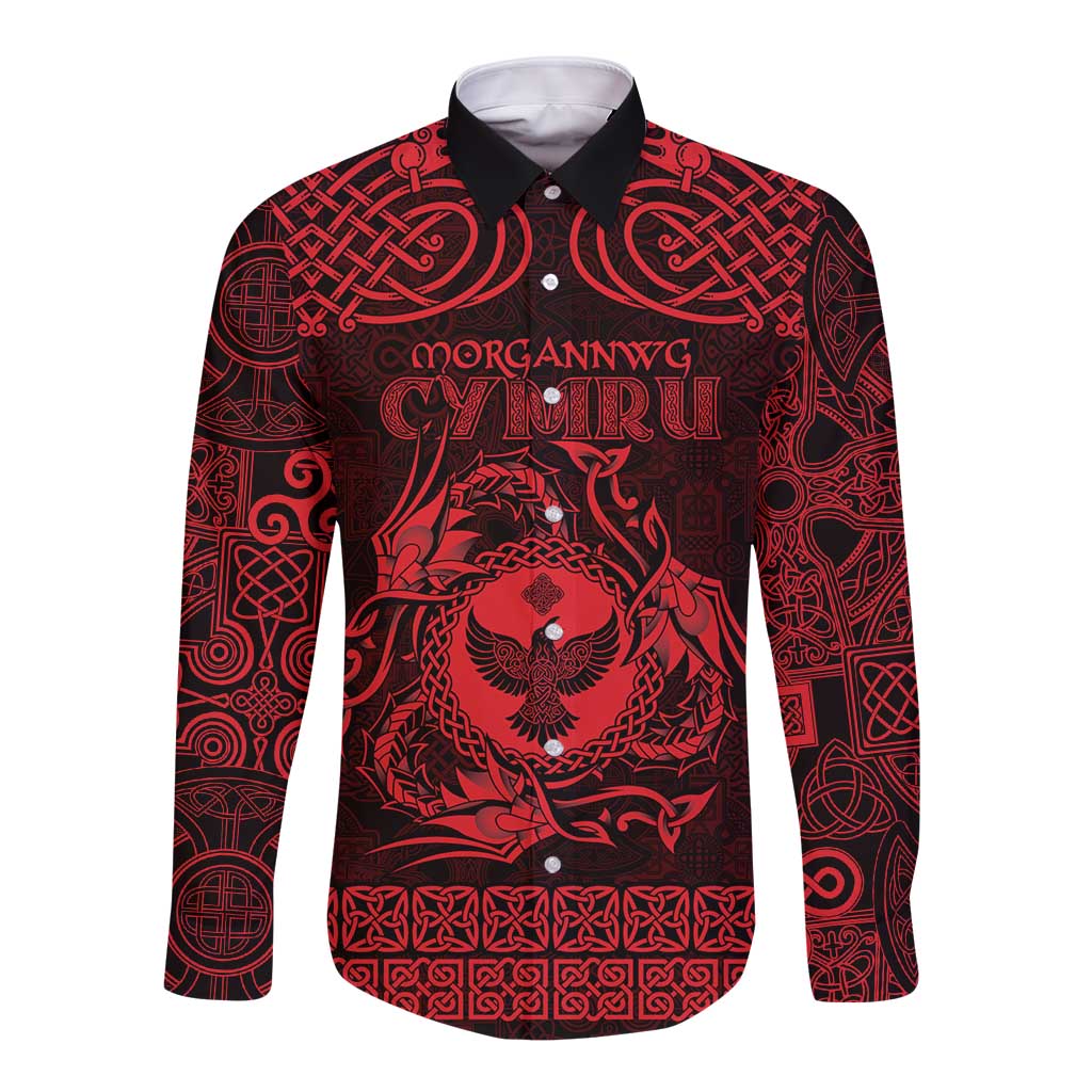 Personalized Glamorgan Morgannwg Long Sleeve Button Shirt Red Raven Celtic-inspired - Wonder Print Shop