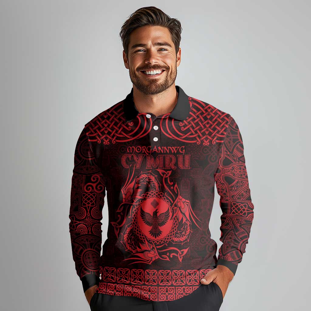 Personalized Glamorgan Morgannwg Long Sleeve Polo Shirt Red Raven Celtic-inspired - Wonder Print Shop