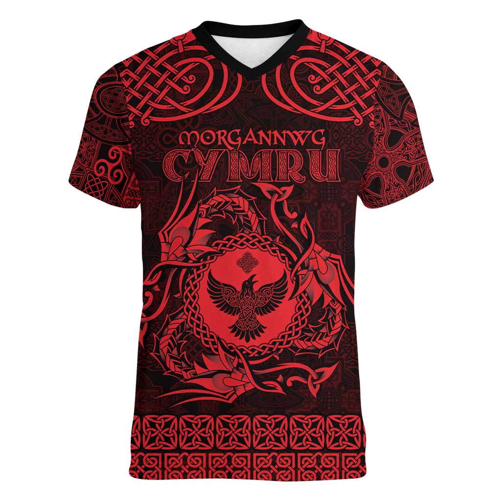 Personalized Glamorgan Morgannwg Women V-Neck T-Shirt Red Raven Celtic-inspired - Wonder Print Shop