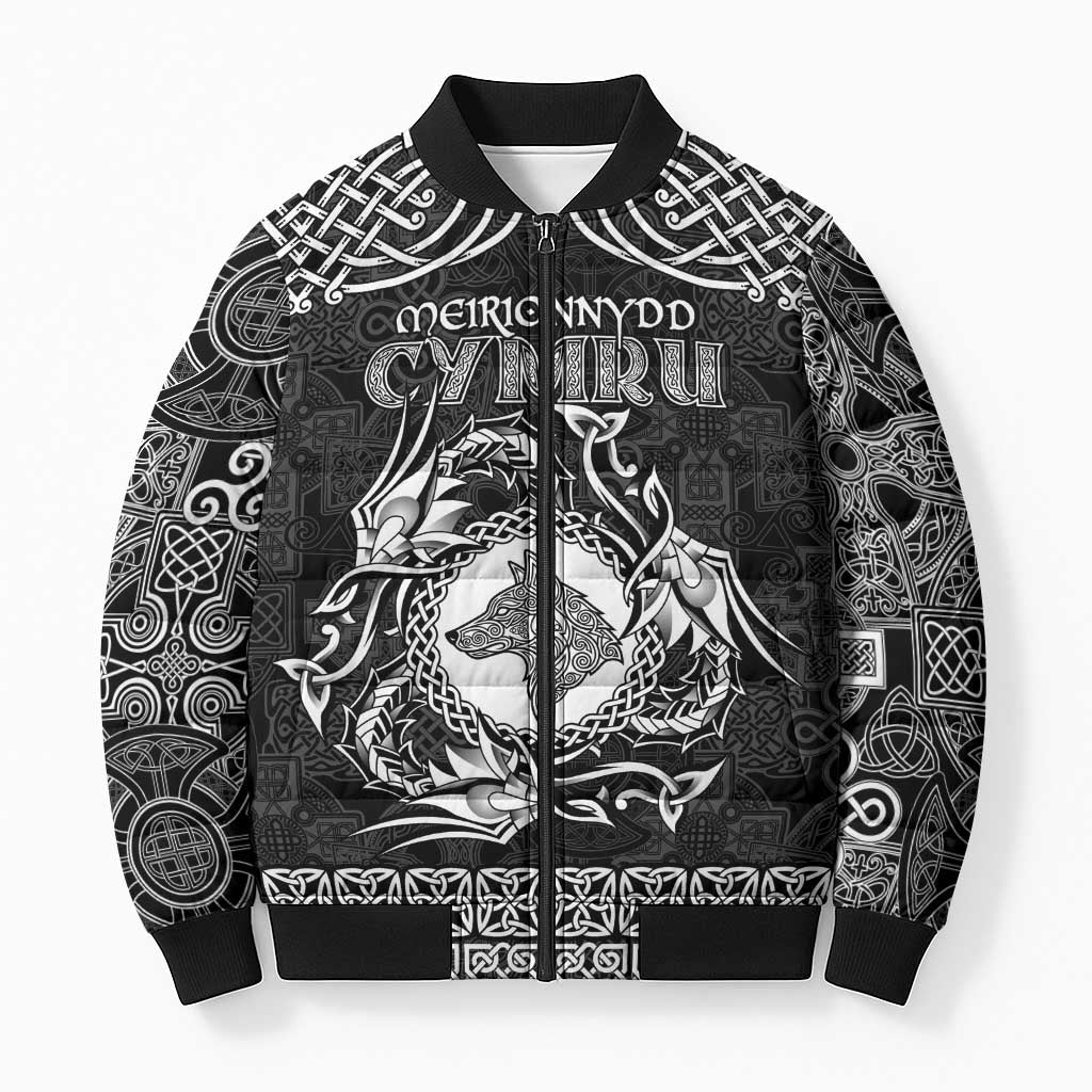 Personalized Merionethshire Meirionnydd Bomber Puffer Jacket Black Wolf Celtic-inspired - Wonder Print Shop
