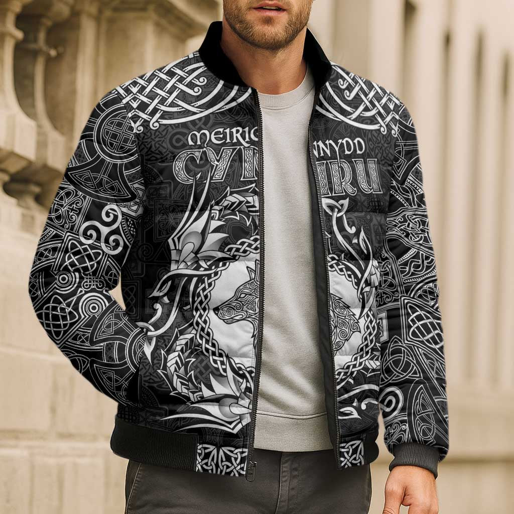 Personalized Merionethshire Meirionnydd Bomber Puffer Jacket Black Wolf Celtic-inspired - Wonder Print Shop