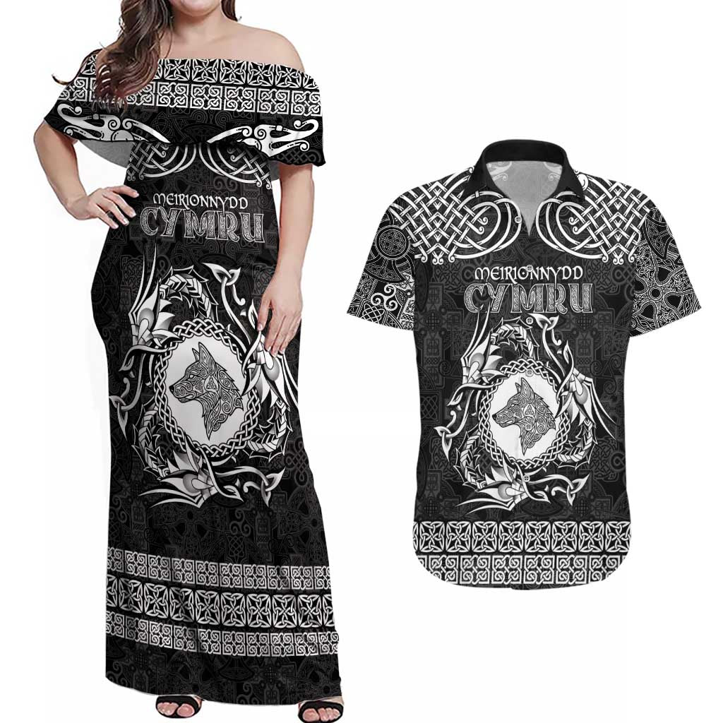 Personalized Merionethshire Meirionnydd Couples Matching Off Shoulder Maxi Dress and Hawaiian Shirt Black Wolf Celtic-inspired - Wonder Print Shop