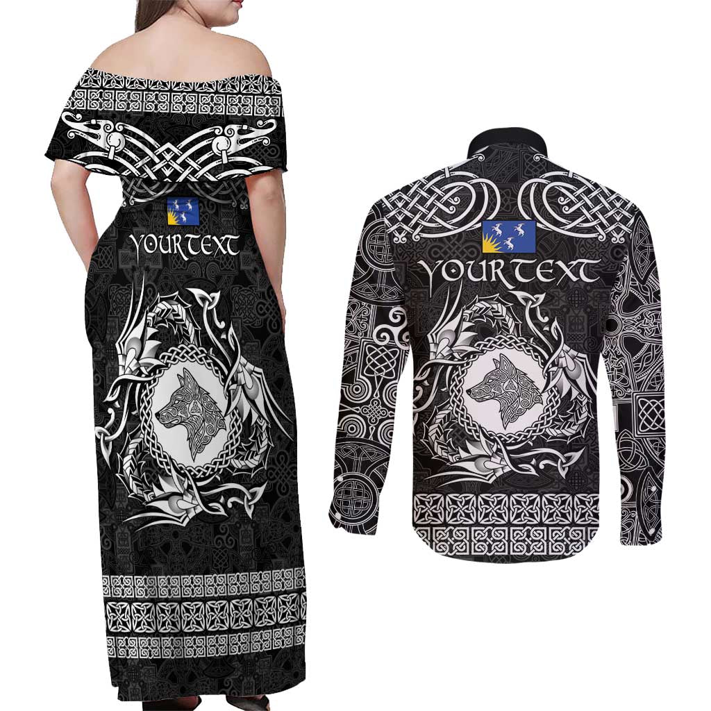 Personalized Merionethshire Meirionnydd Couples Matching Off Shoulder Maxi Dress and Long Sleeve Button Shirt Black Wolf Celtic-inspired - Wonder Print Shop