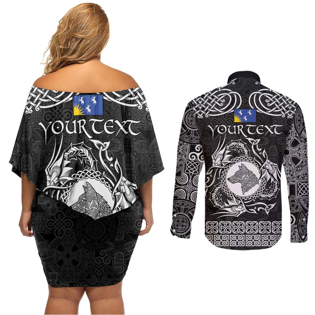 Personalized Merionethshire Meirionnydd Couples Matching Off Shoulder Short Dress and Long Sleeve Button Shirt Black Wolf Celtic-inspired - Wonder Print Shop