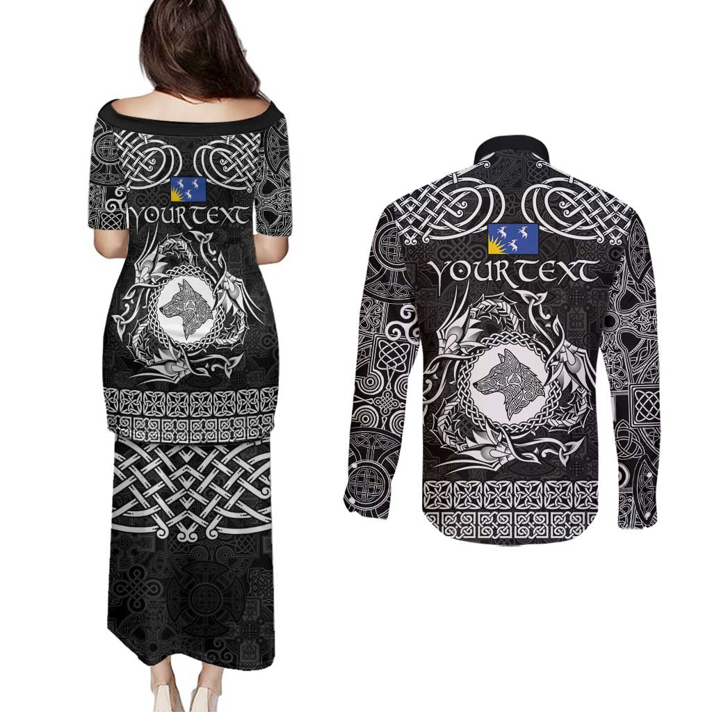Personalized Merionethshire Meirionnydd Couples Matching Puletasi and Long Sleeve Button Shirt Black Wolf Celtic-inspired - Wonder Print Shop