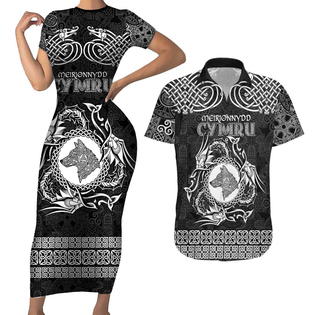 Personalized Merionethshire Meirionnydd Couples Matching Short Sleeve Bodycon Dress and Hawaiian Shirt Black Wolf Celtic-inspired - Wonder Print Shop