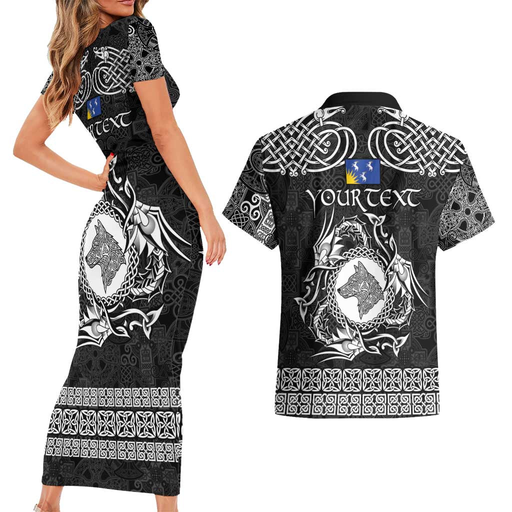 Personalized Merionethshire Meirionnydd Couples Matching Short Sleeve Bodycon Dress and Hawaiian Shirt Black Wolf Celtic-inspired - Wonder Print Shop