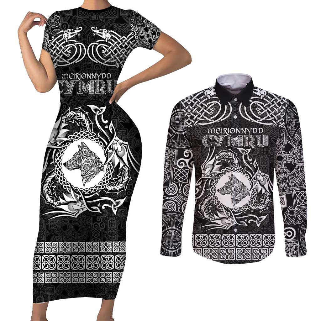 Personalized Merionethshire Meirionnydd Couples Matching Short Sleeve Bodycon Dress and Long Sleeve Button Shirt Black Wolf Celtic-inspired - Wonder Print Shop