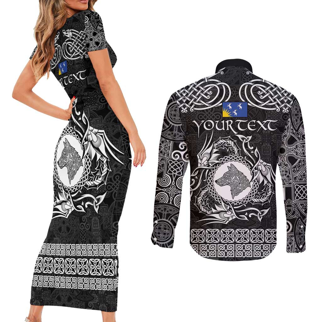 Personalized Merionethshire Meirionnydd Couples Matching Short Sleeve Bodycon Dress and Long Sleeve Button Shirt Black Wolf Celtic-inspired - Wonder Print Shop