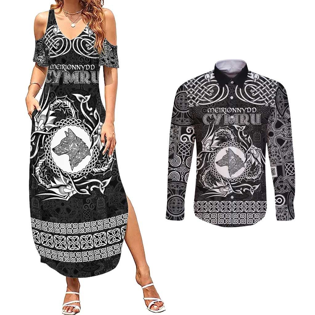 Personalized Merionethshire Meirionnydd Couples Matching Summer Maxi Dress and Long Sleeve Button Shirt Black Wolf Celtic-inspired - Wonder Print Shop