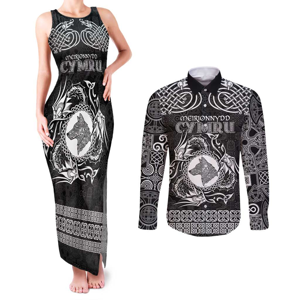 Personalized Merionethshire Meirionnydd Couples Matching Tank Maxi Dress and Long Sleeve Button Shirt Black Wolf Celtic-inspired - Wonder Print Shop
