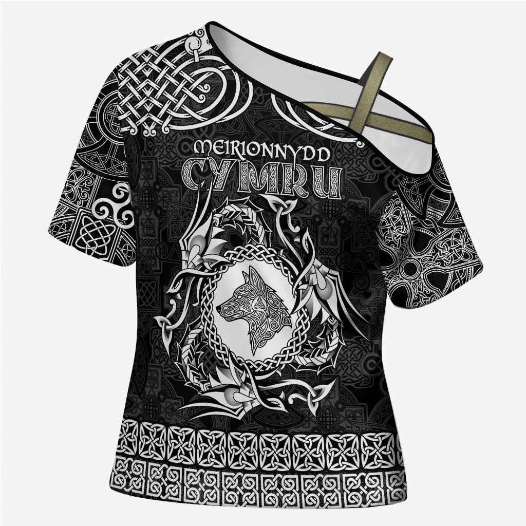 Personalized Merionethshire Meirionnydd Cross Shoulder Shirt Black Wolf Celtic-inspired - Wonder Print Shop