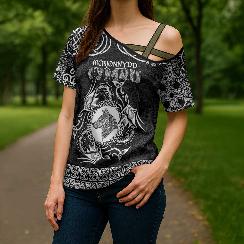 Personalized Merionethshire Meirionnydd Cross Shoulder Shirt Black Wolf Celtic-inspired - Wonder Print Shop