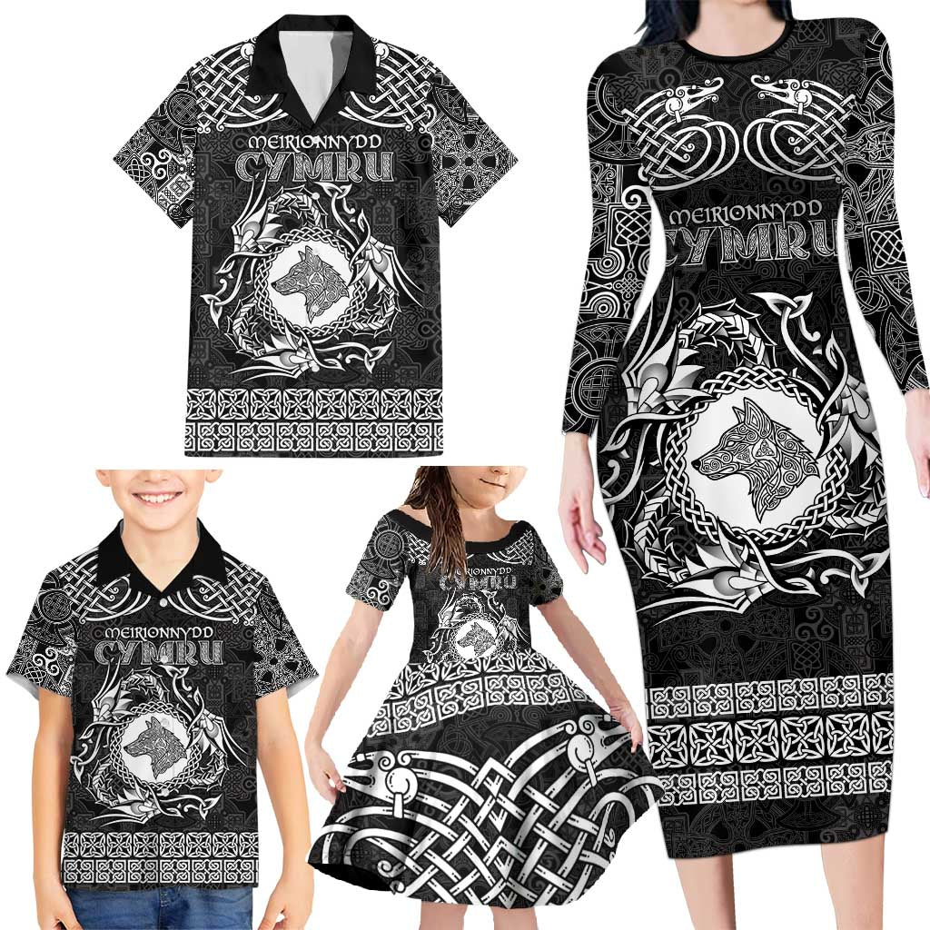 Personalized Merionethshire Meirionnydd Family Matching Long Sleeve Bodycon Dress and Hawaiian Shirt Black Wolf Celtic-inspired - Wonder Print Shop