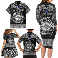 Personalized Merionethshire Meirionnydd Family Matching Long Sleeve Bodycon Dress and Hawaiian Shirt Black Wolf Celtic-inspired - Wonder Print Shop